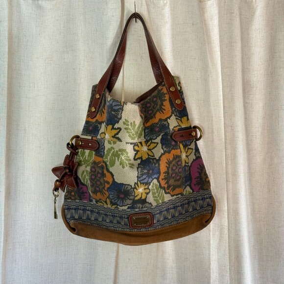 Fossil Floral Tapestry Tote – Vintage Key Charm | Leather Trim Boho Bag - Picture 1 of 4